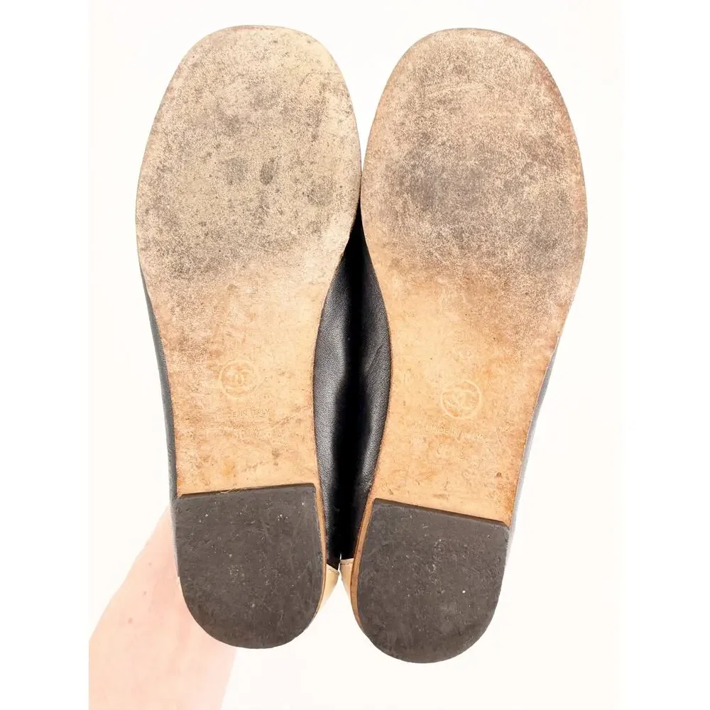Chanel Black CC Logo Slipper Loafers Lambskin Beige Trim Flats Size 36.5 EU 6.5